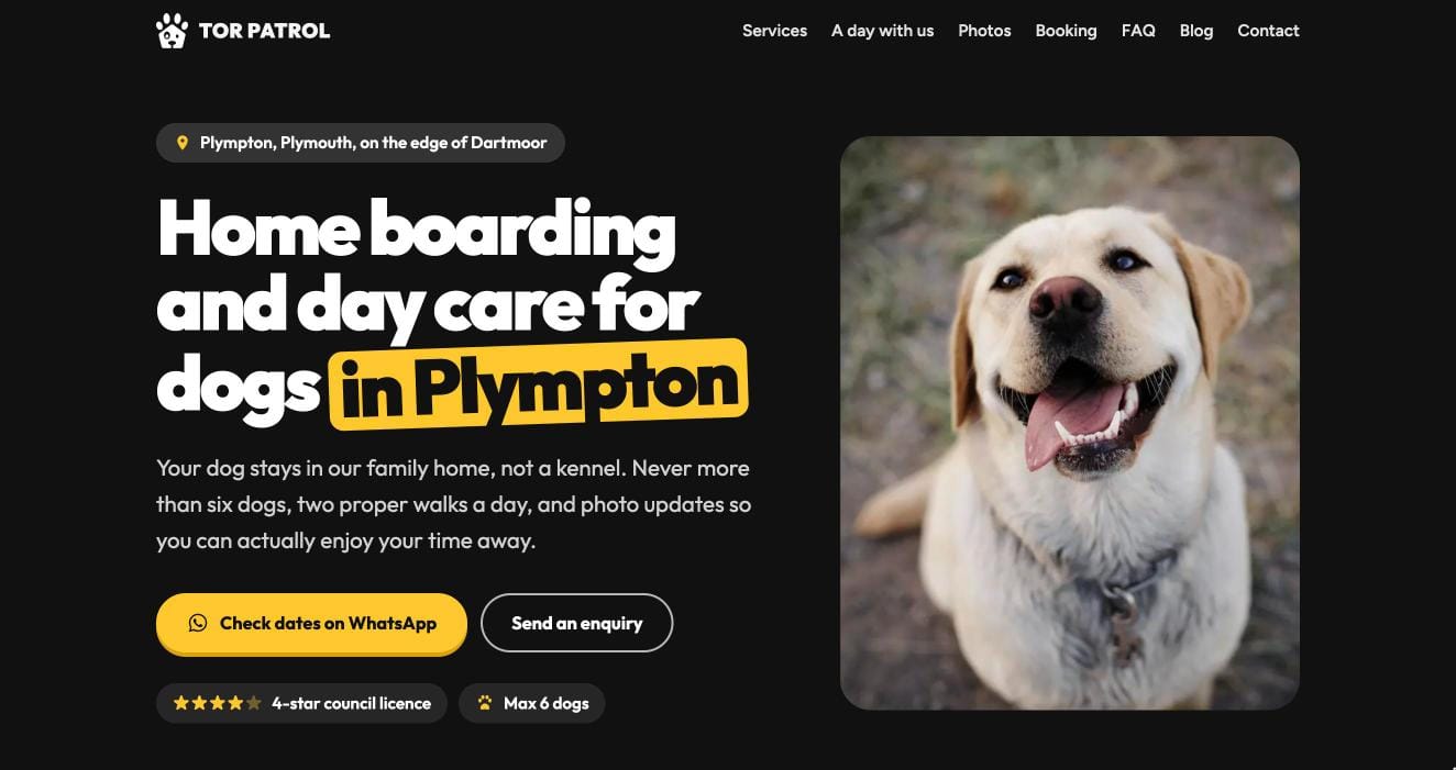 Tor Patrol Dog Day Care & Boarding 1 Tor Patrol dog home boarding and day care website homepage designed by WEBKANDY